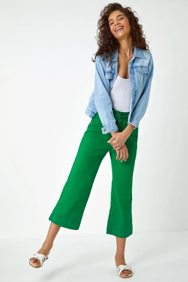Green Wide Leg Stretch Denim Culotte Women Roman Trousers