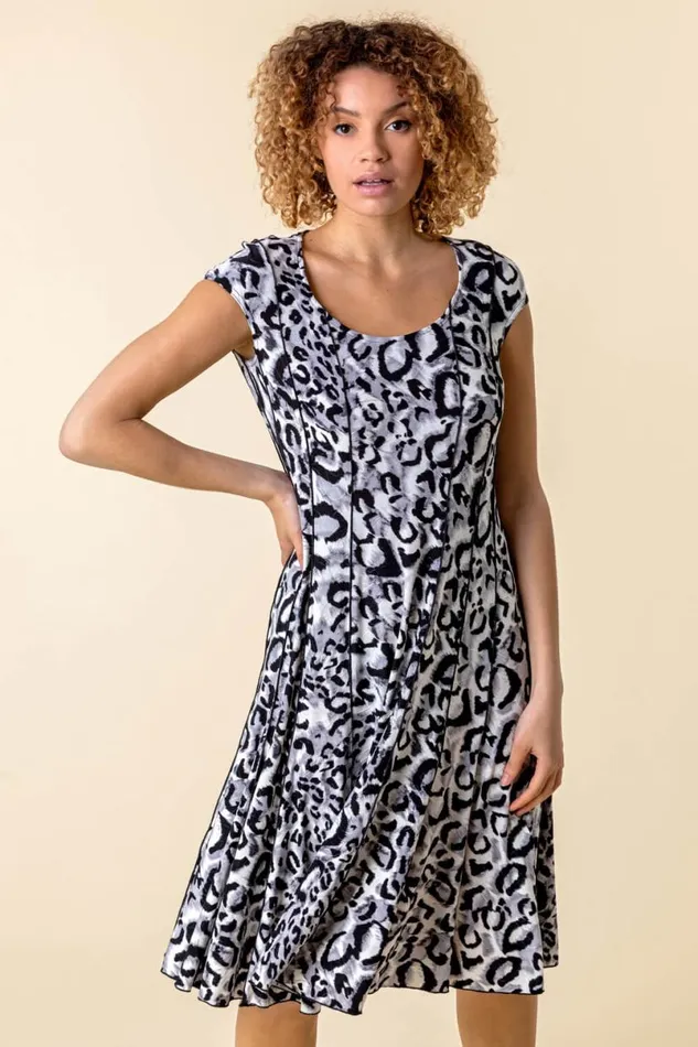Grey Animal Print Cap Sleeve Panel Dress Women Roman Dresses
