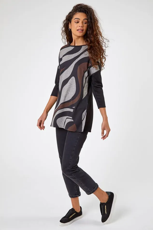 Grey Swirl Print Tunic Top Women Roman Tops