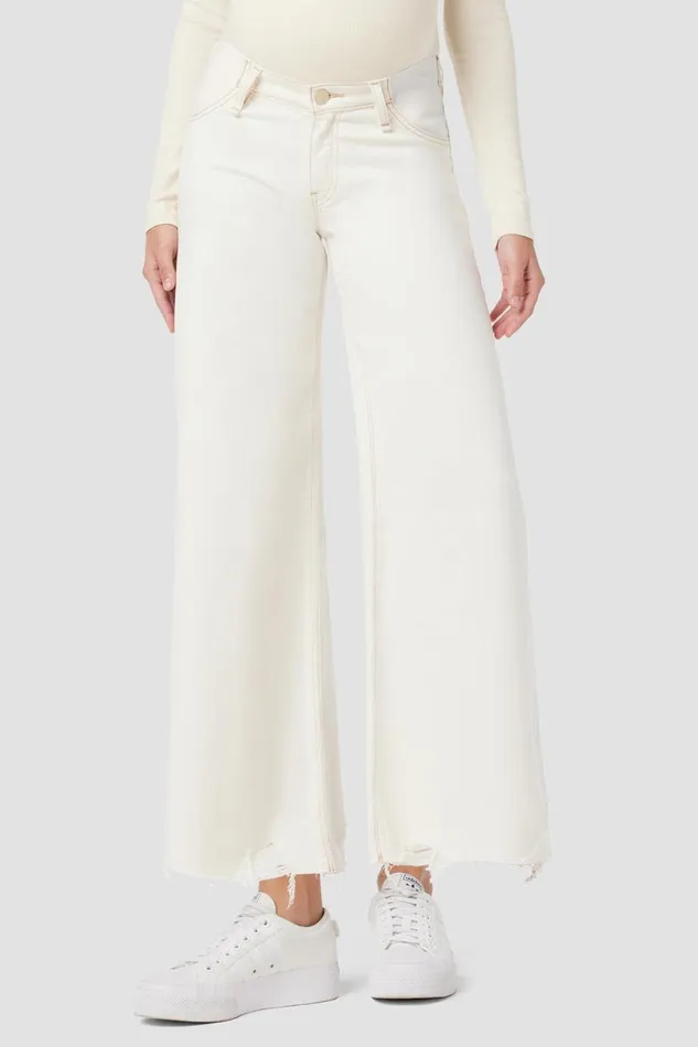 Hudson Jeans Cropped Women James Maternity Wide Leg Crop Jean Ecru Destructed Hem