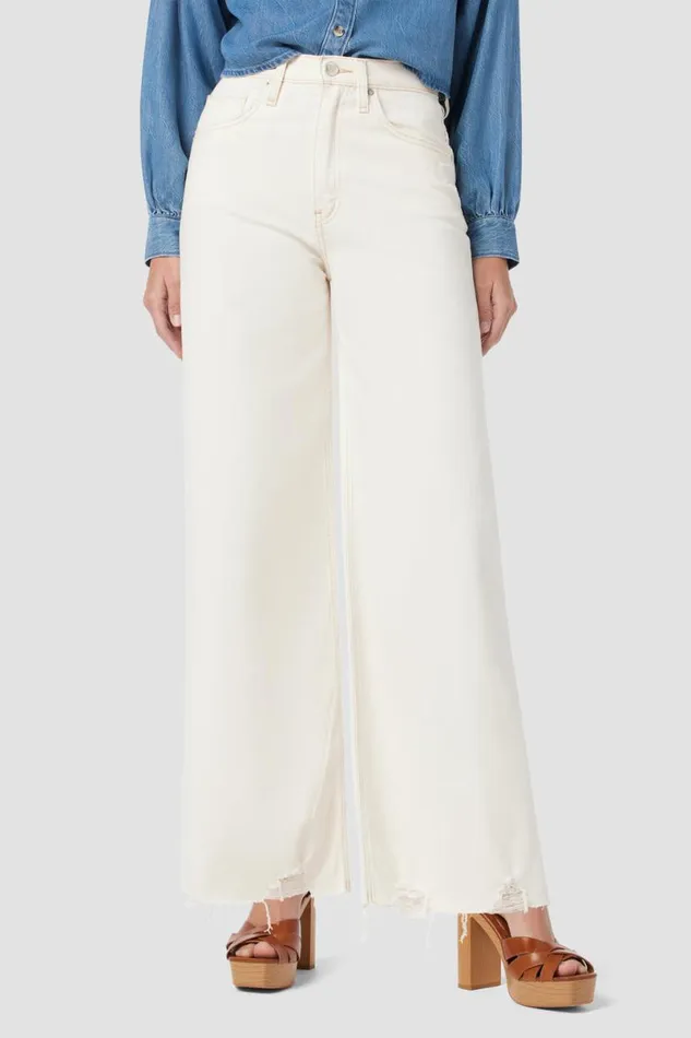 Hudson Jeans Wide Leg Women James HighRise Wide Leg Crop Jean Ecru Destructed Hem