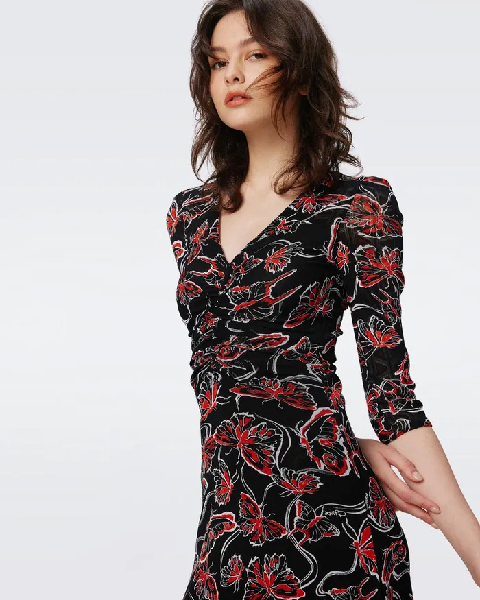 Ivan Reversible Mesh Dress Flutterfly And Tiny Stadium Geo Red Women DVF Dresses