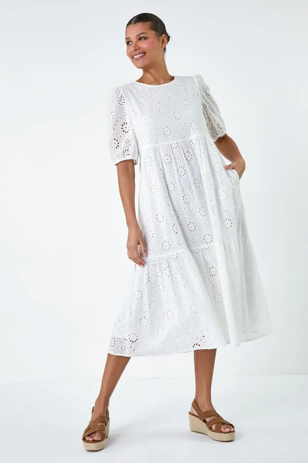 Ivory Cotton Broderie Tiered Dress Women Roman Dresses
