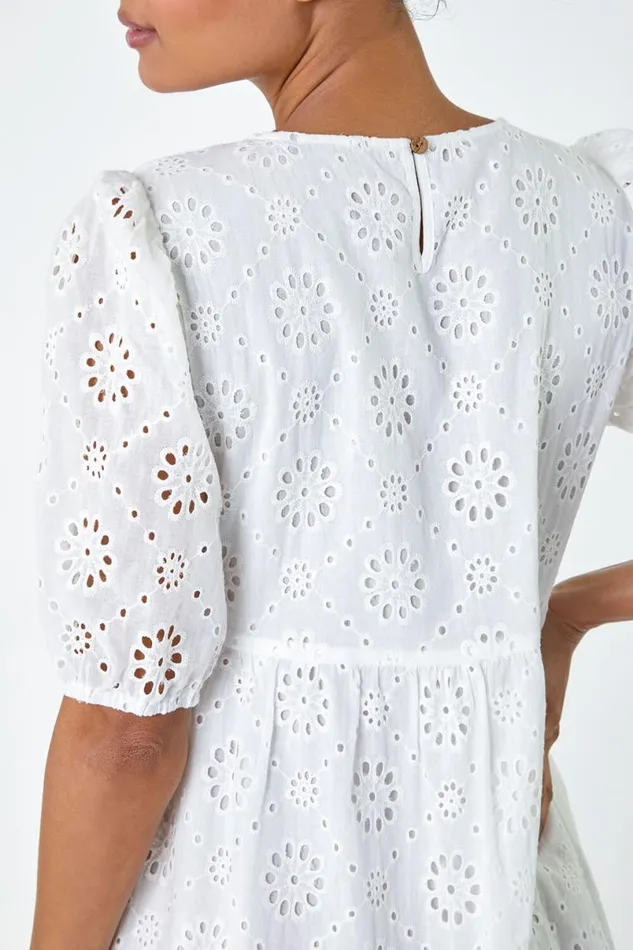 Ivory Cotton Broderie Tiered Dress Women Roman Dresses
