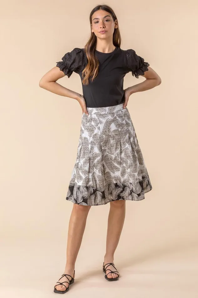 Ivory Feather Print ALine Cotton Skirt Women Roman Skirts