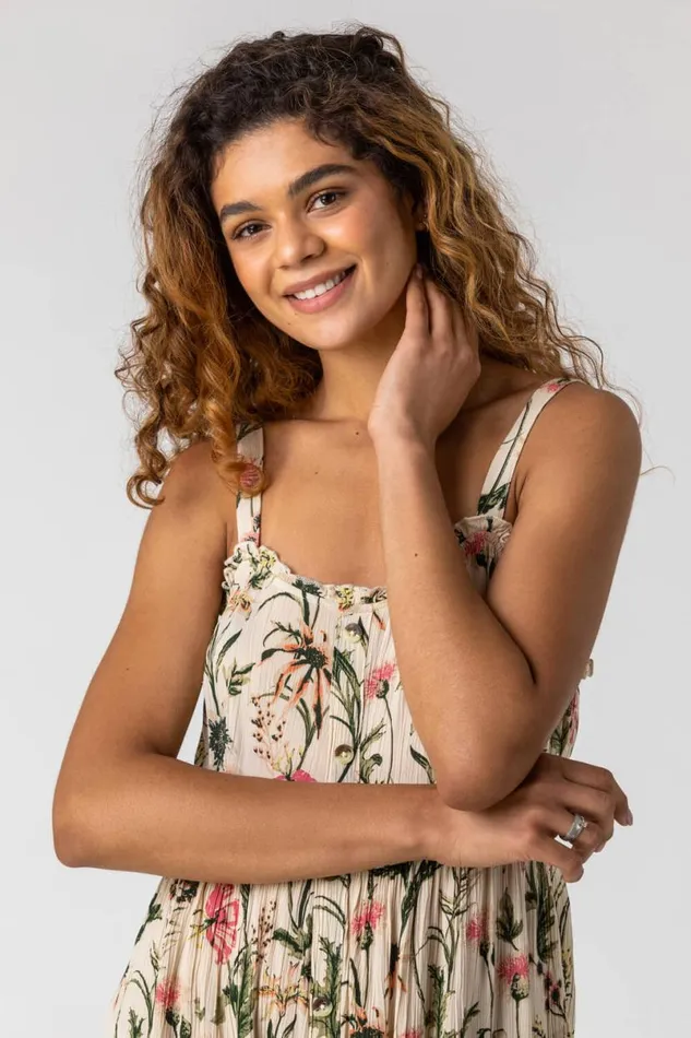Ivory Floral Print Button Down Sun Dress Women Roman Dresses