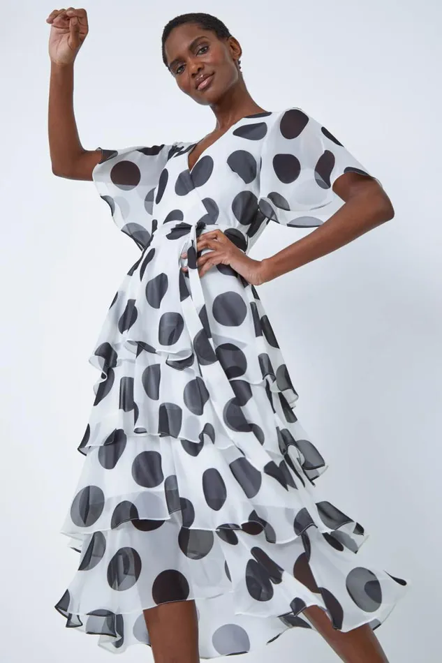 Ivory Polka Dot Chiffon Frill Tiered Midi Dress Women Roman Dresses