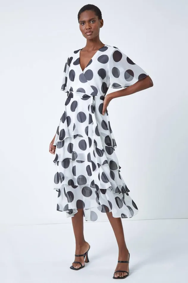Ivory Polka Dot Chiffon Frill Tiered Midi Dress Women Roman Dresses