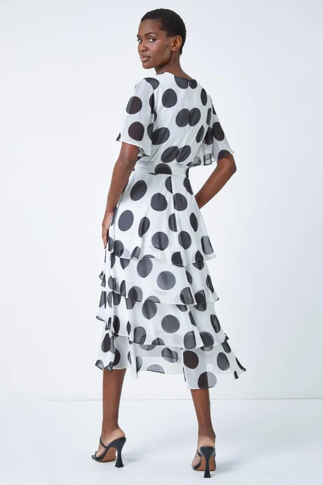 Ivory Polka Dot Chiffon Frill Tiered Midi Dress Women Roman Dresses
