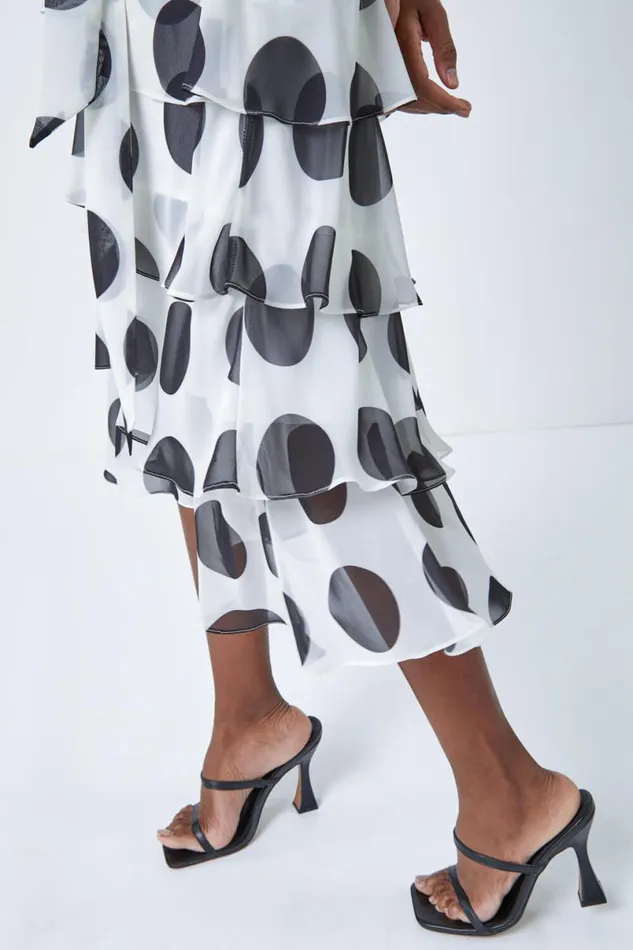 Ivory Polka Dot Chiffon Frill Tiered Midi Dress Women Roman Dresses