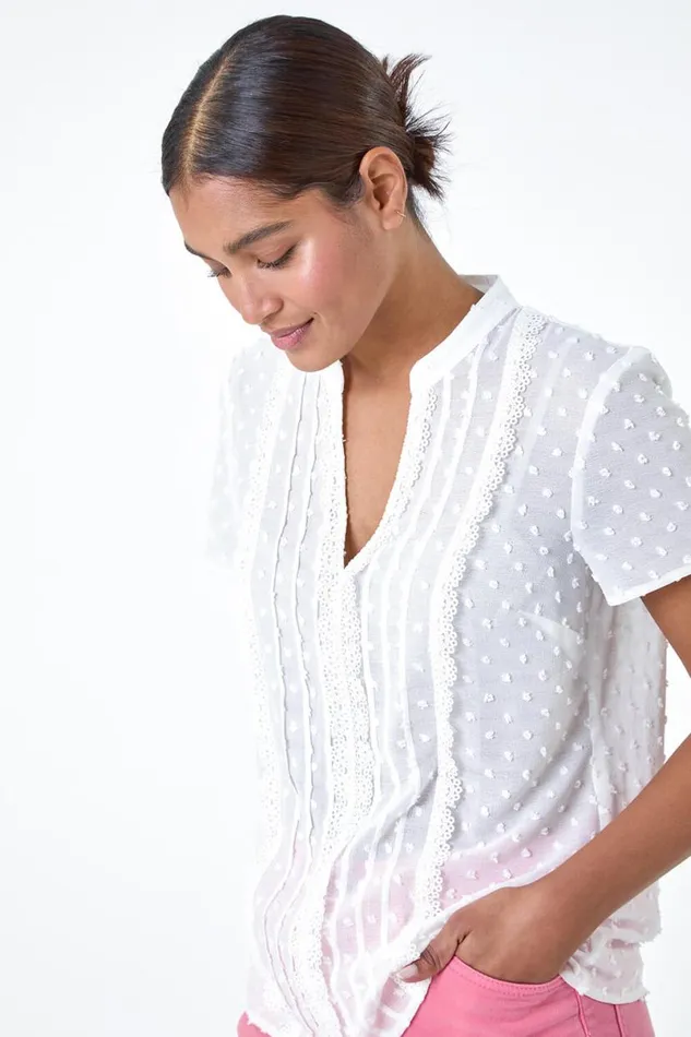 Ivory Textured Spot Lace Trim Top Women Roman Tops