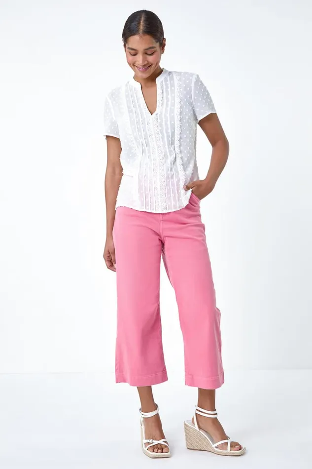 Ivory Textured Spot Lace Trim Top Women Roman Tops