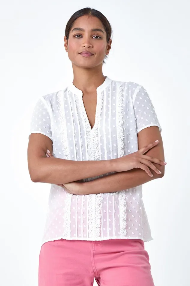 Ivory Textured Spot Lace Trim Top Women Roman Tops