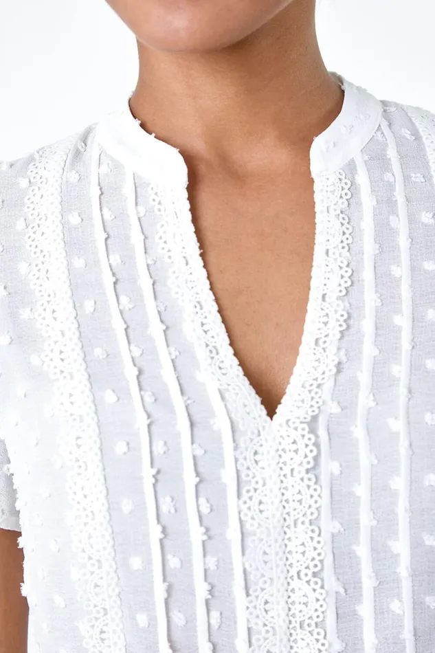 Ivory Textured Spot Lace Trim Top Women Roman Tops