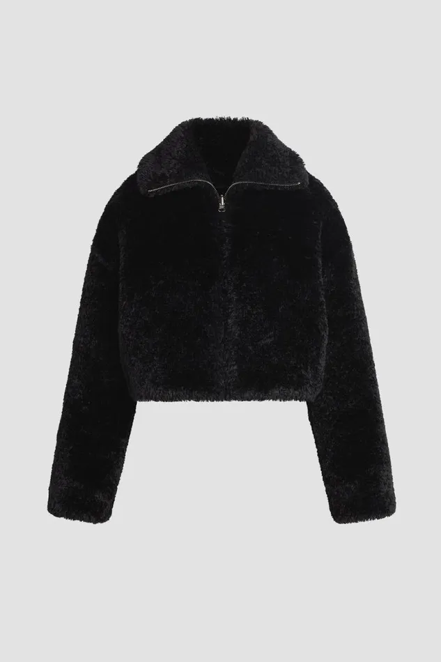 Jackets and Outerwear Women Hudson Jeans Cropped Plush Teddy Fur Jacket Black