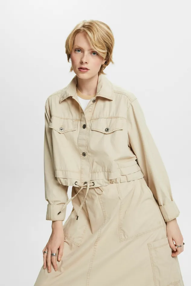 Jackets Coats Women Esprit Cropped TieFront CottonCanvas Jacket Sand