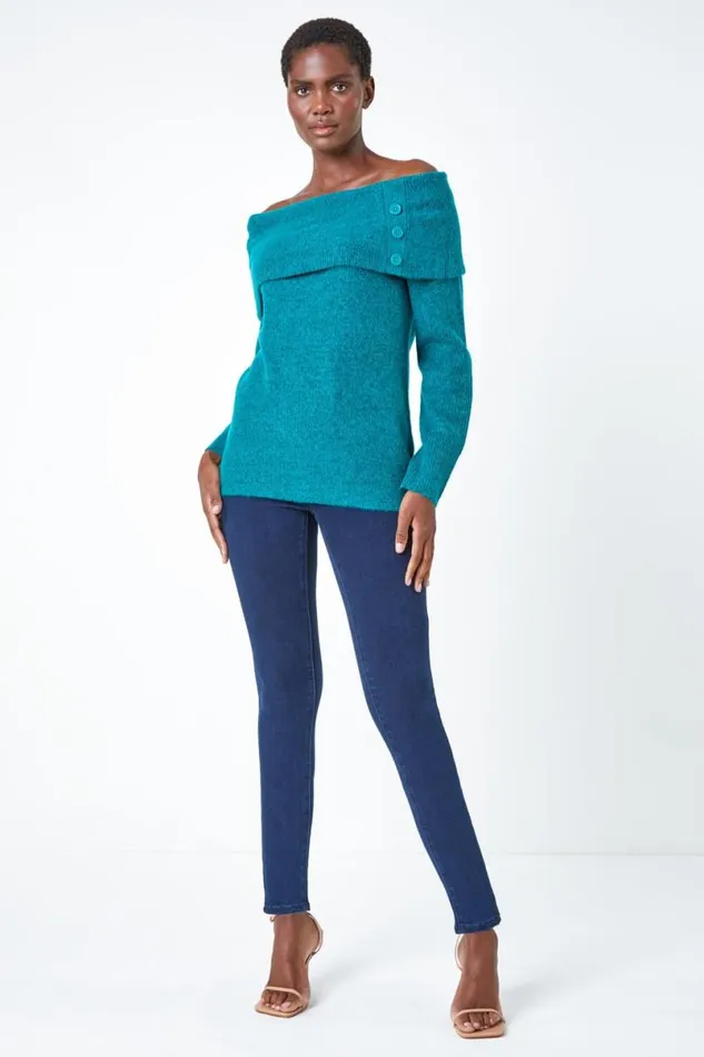 Jade Bardot Button Detail Stretch Jumper Women Roman Knitwear