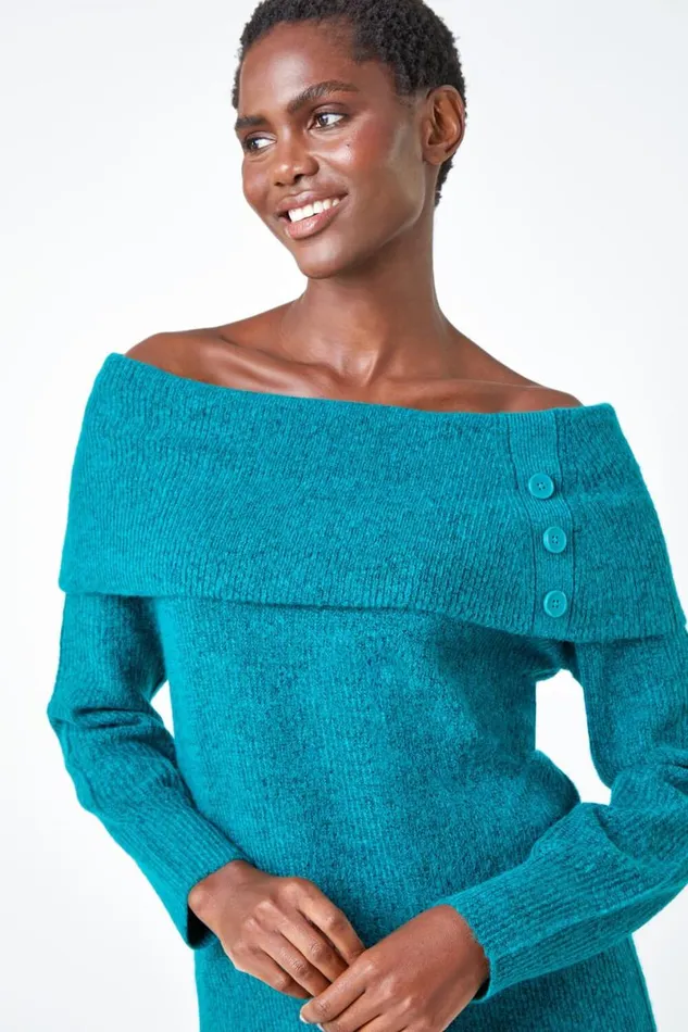 Jade Bardot Button Detail Stretch Jumper Women Roman Knitwear