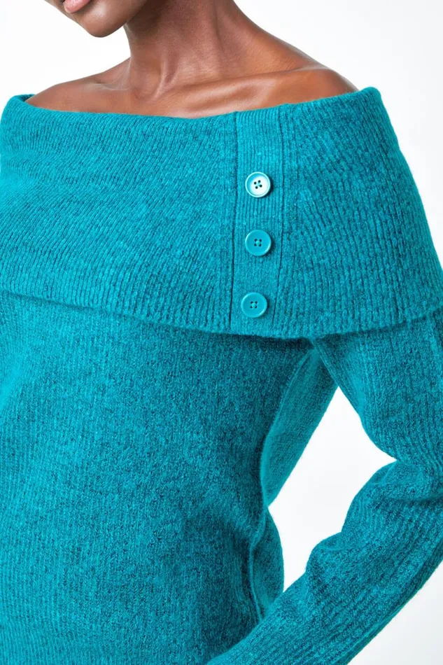 Jade Bardot Button Detail Stretch Jumper Women Roman Knitwear