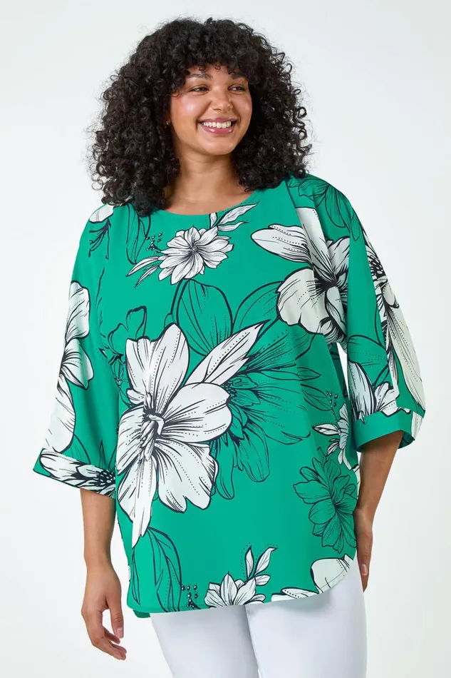 Jade Curve Floral Print Dipped Hem Top Women Roman Tops