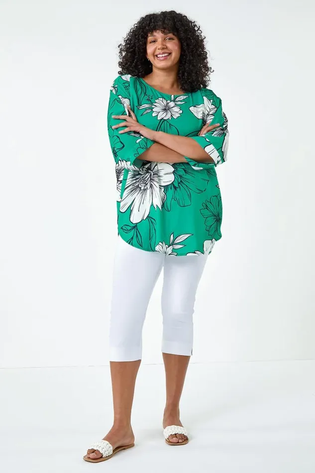 Jade Curve Floral Print Dipped Hem Top Women Roman Tops