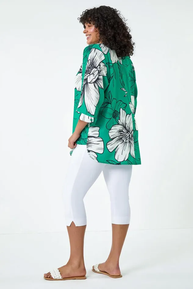 Jade Curve Floral Print Dipped Hem Top Women Roman Tops