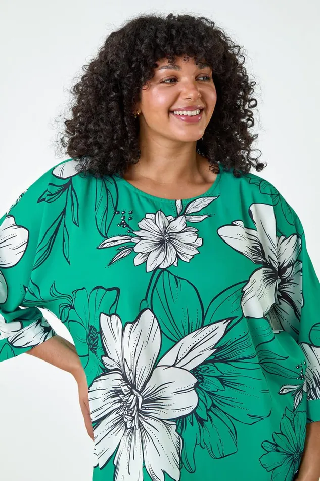 Jade Curve Floral Print Dipped Hem Top Women Roman Tops