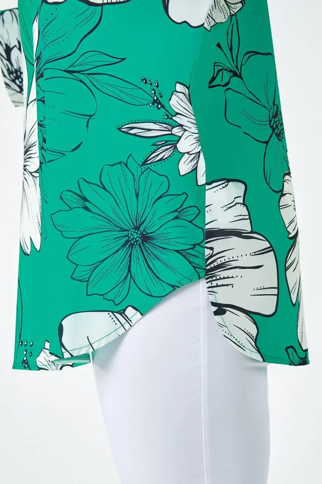 Jade Curve Floral Print Dipped Hem Top Women Roman Tops