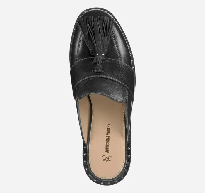 Johnston and Murphy Mules and Loafers Women Alice Fringe Mule Black Calfskin Johnston and Murphy Mules and Loafers Women Alice Fringe Mule Black Calfskin