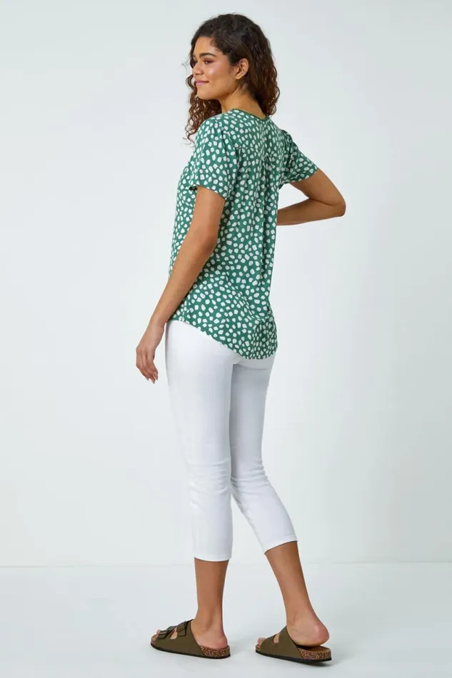 Khaki Abstract Spot Bobble Trim VNeck TShirt Women Roman Tops