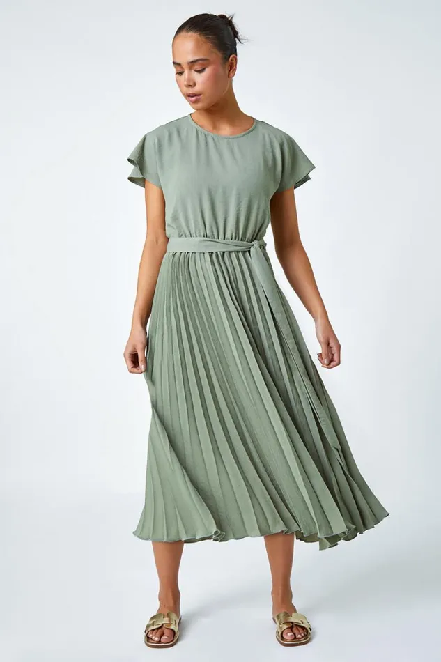 Khaki Petite Plain Pleated Skirt Midi Dress Women Roman Dresses