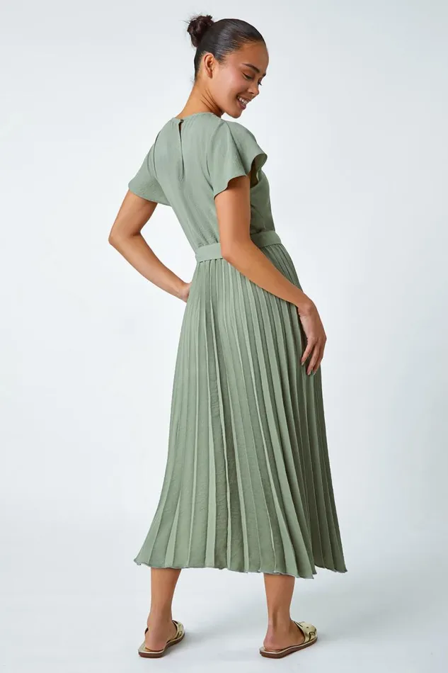Khaki Petite Plain Pleated Skirt Midi Dress Women Roman Dresses