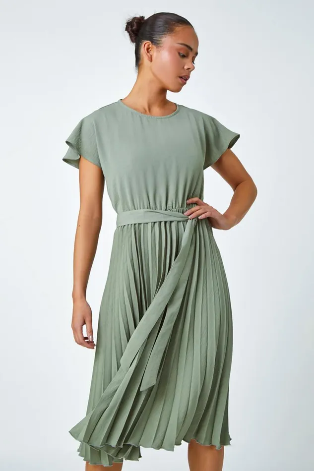 Khaki Petite Plain Pleated Skirt Midi Dress Women Roman Dresses