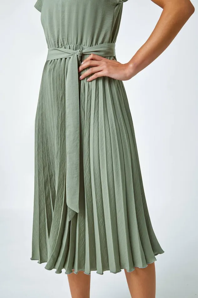 Khaki Petite Plain Pleated Skirt Midi Dress Women Roman Dresses