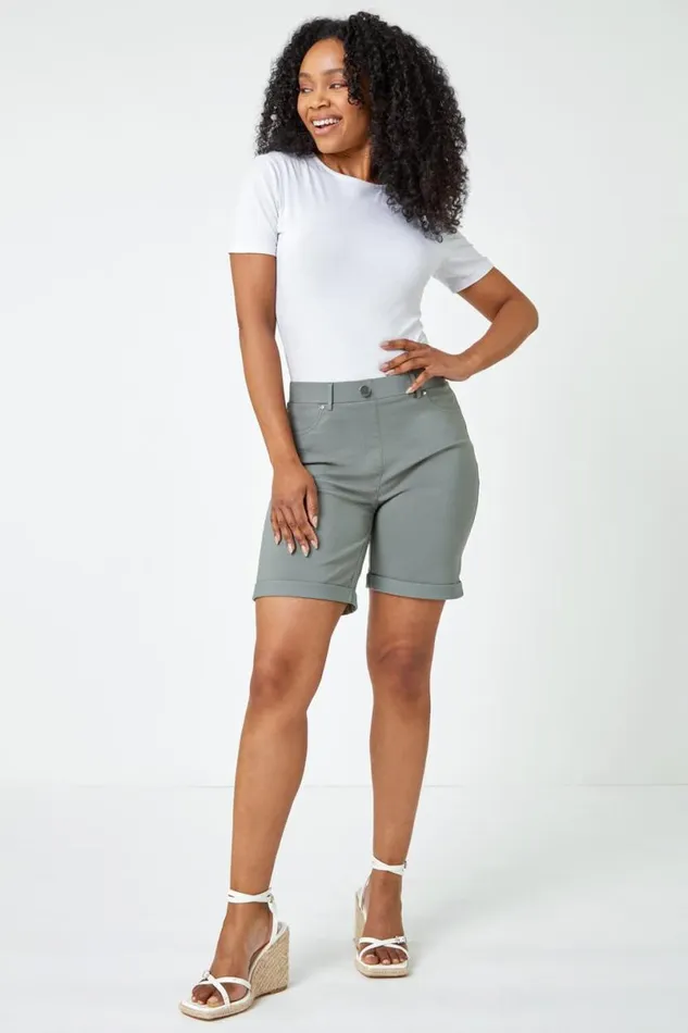 Khaki Petite Turned Hem Elastic Waist Shorts Women Roman Shorts