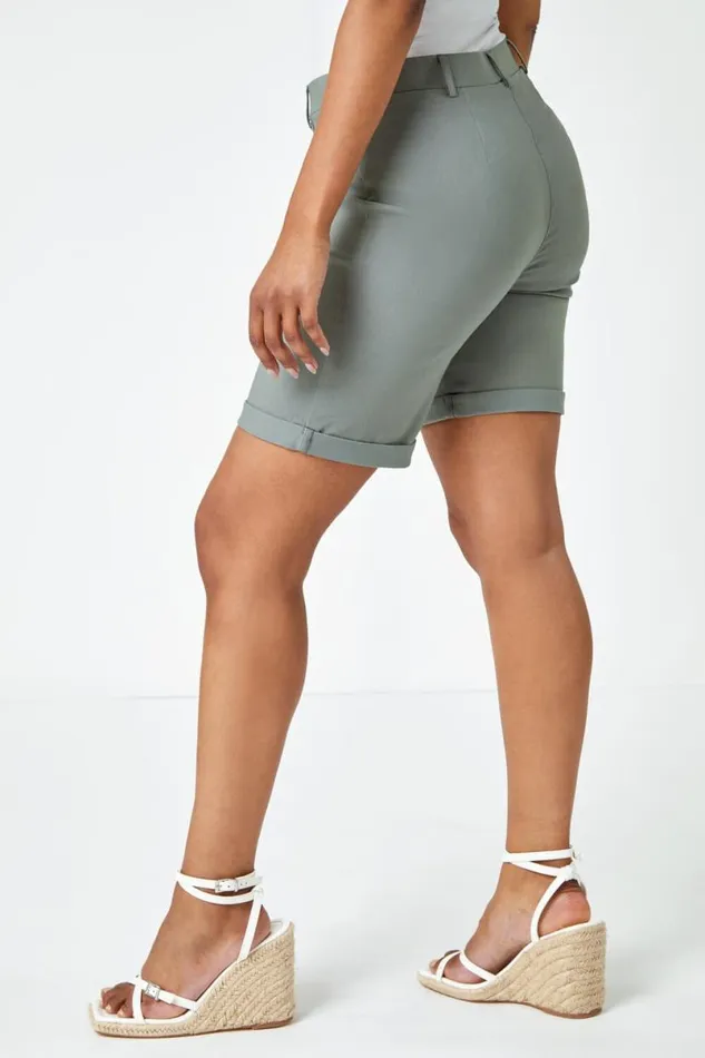 Khaki Petite Turned Hem Elastic Waist Shorts Women Roman Shorts