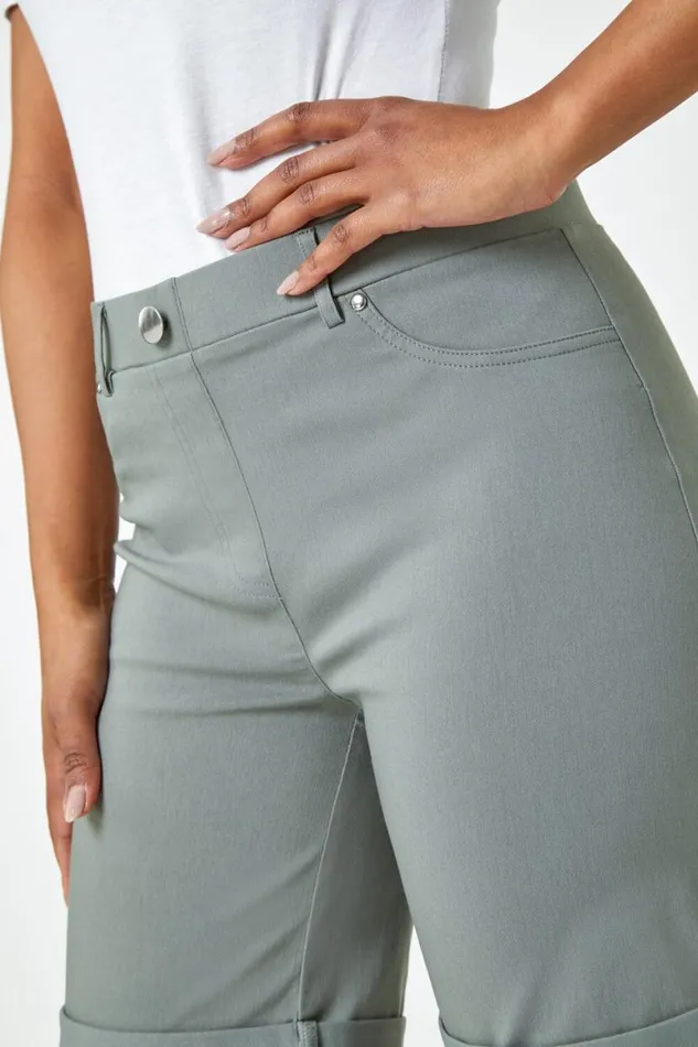 Khaki Petite Turned Hem Elastic Waist Shorts Women Roman Shorts