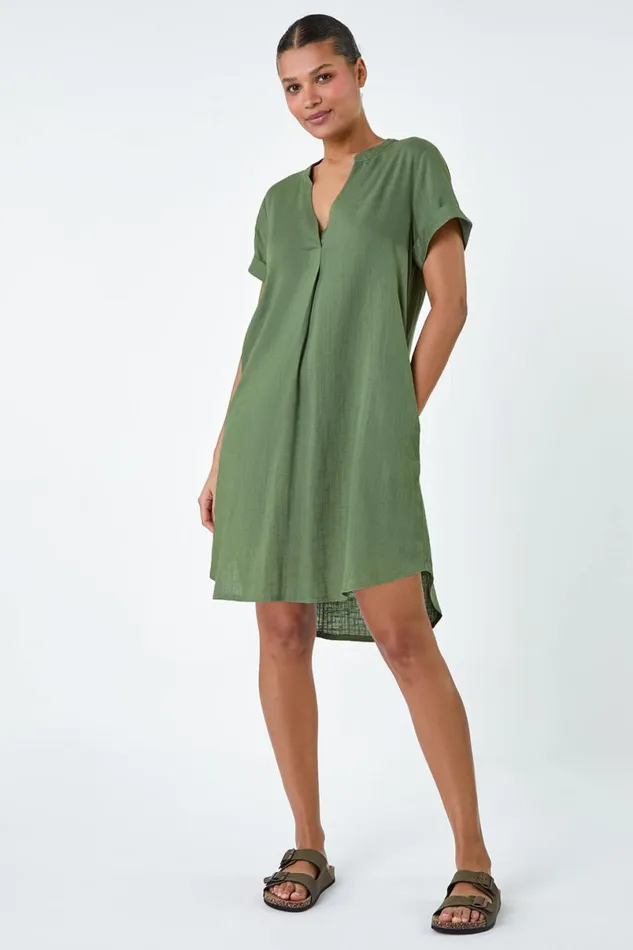 Khaki Pleat Front Curved Hem Shift Dress Women Roman Dresses