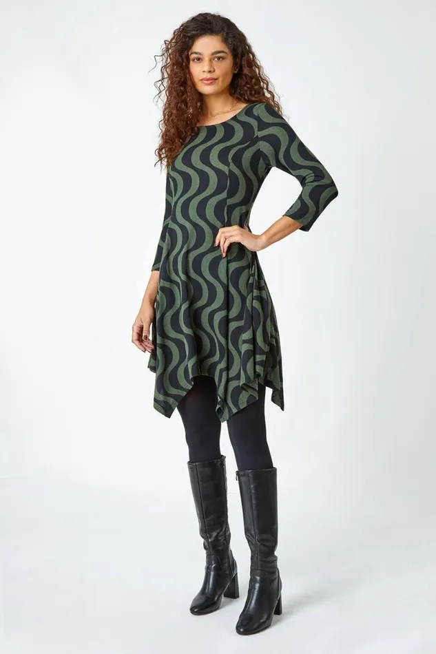 Khaki Wave Stretch Hanky Hem Pocket Dress Women Roman Dresses