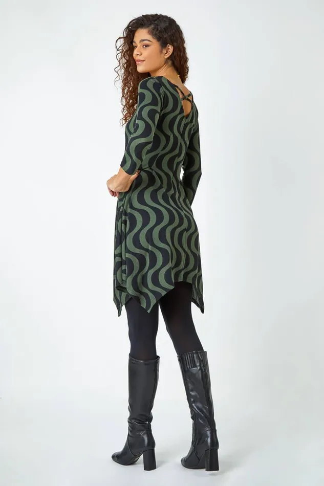Khaki Wave Stretch Hanky Hem Pocket Dress Women Roman Dresses