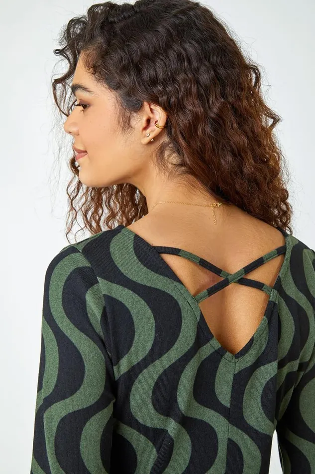 Khaki Wave Stretch Hanky Hem Pocket Dress Women Roman Dresses