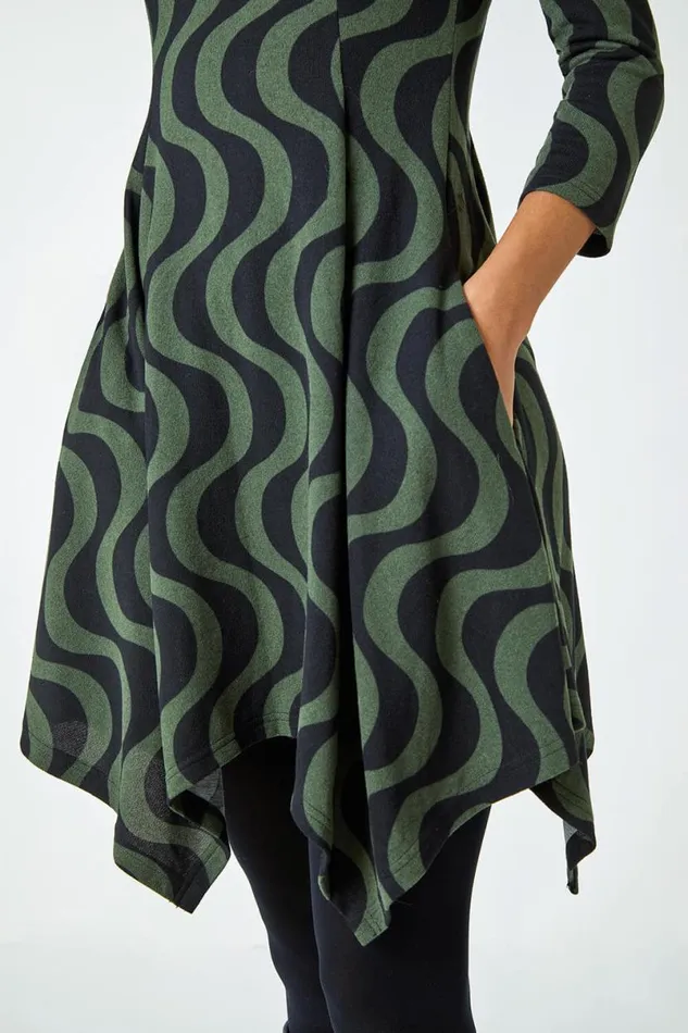 Khaki Wave Stretch Hanky Hem Pocket Dress Women Roman Dresses