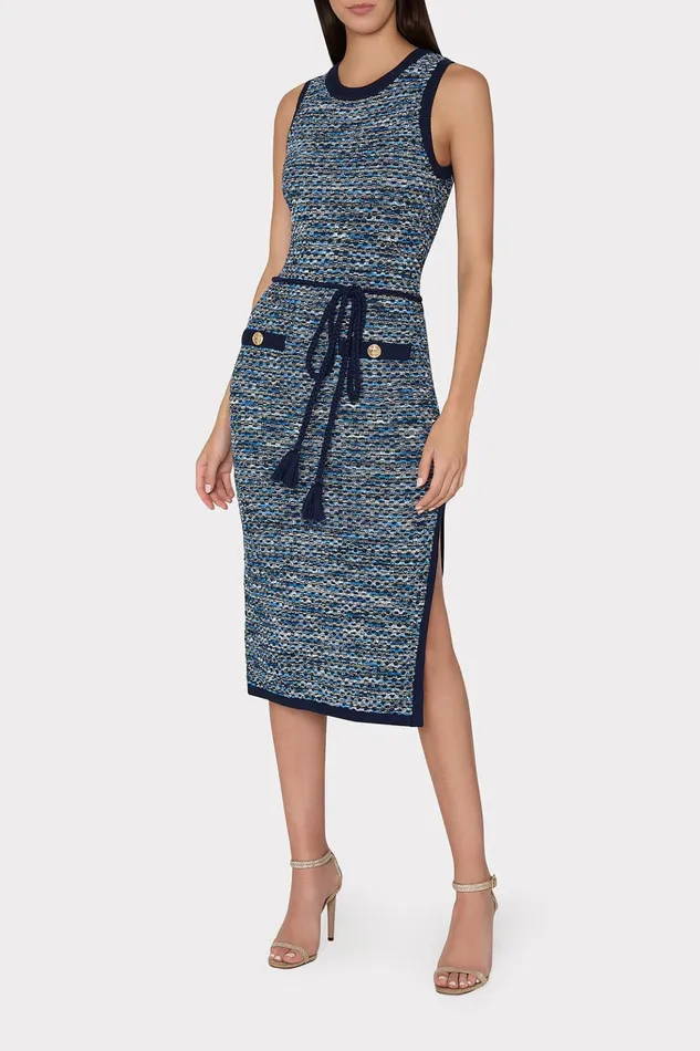 Kim Textured Knit Midi Dress Navy Multi Women Milly Sweaters and Knits