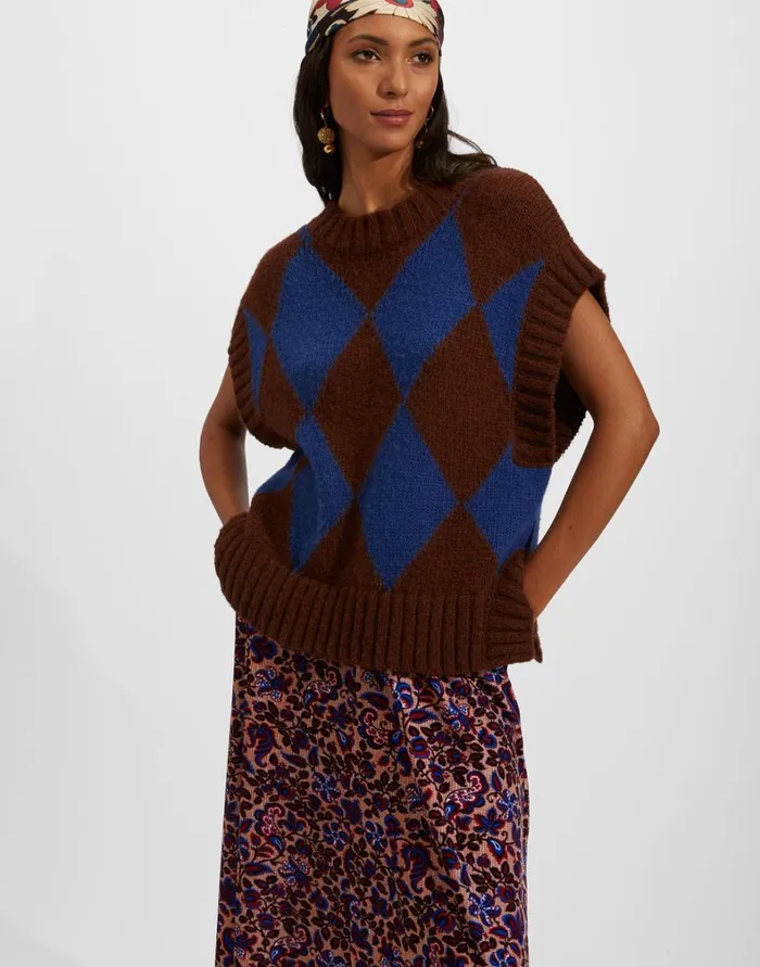 La Double J Argyle Gilet Bordeauxblue Women Knitwear