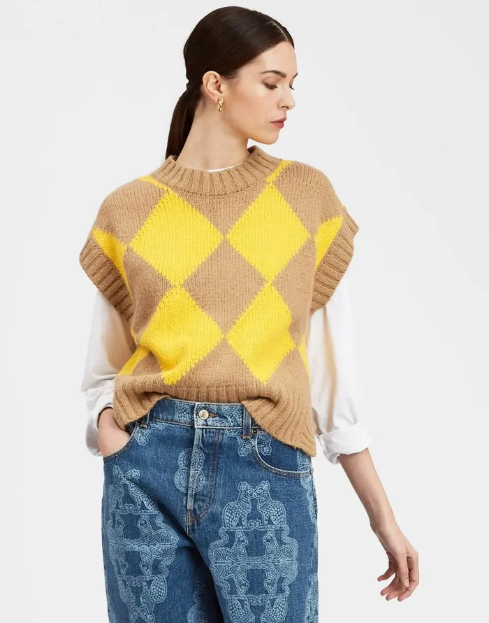 La Double J Argyle Gilet Camelyellow Women Knitwear