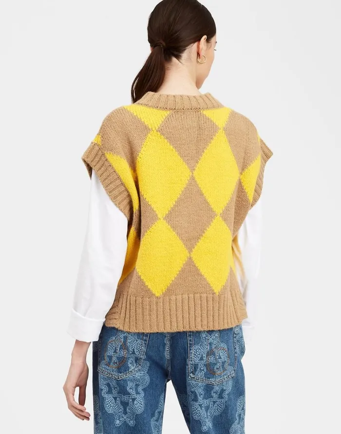 La Double J Argyle Gilet Camelyellow Women Knitwear La Double J Argyle Gilet Camelyellow Women Knitwear