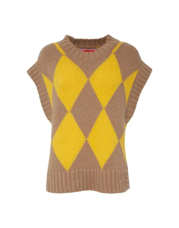 La Double J Argyle Gilet Camelyellow Women Knitwear La Double J Argyle Gilet Camelyellow Women Knitwear