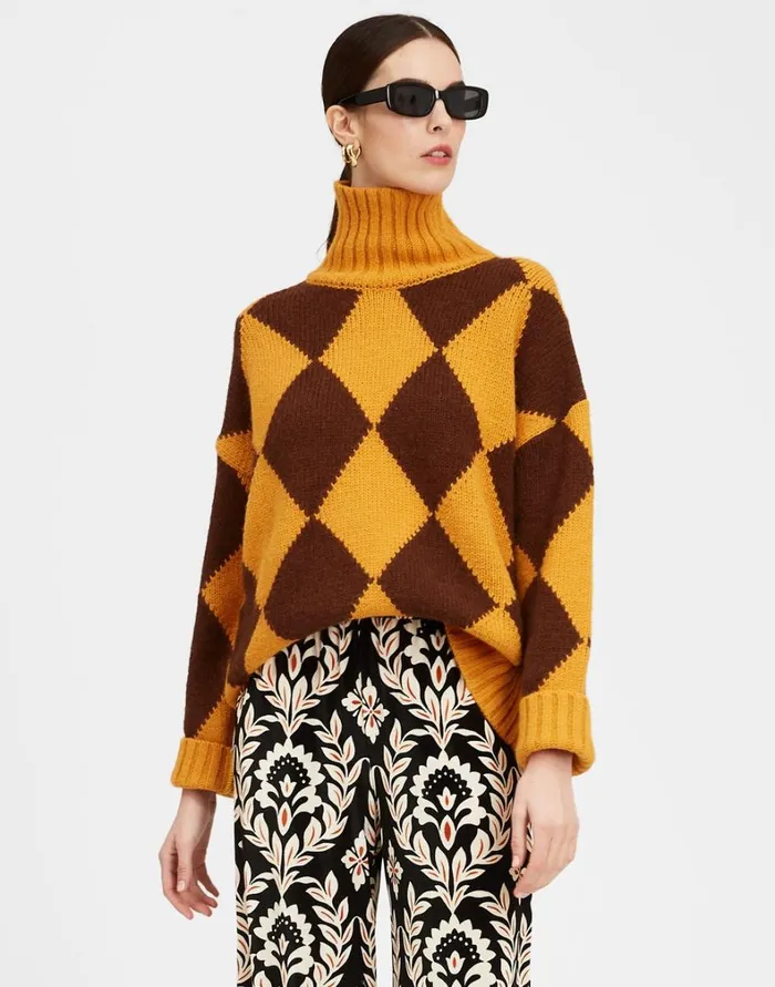 La Double J Argyle Sweater Yellow Brown Women Knitwear