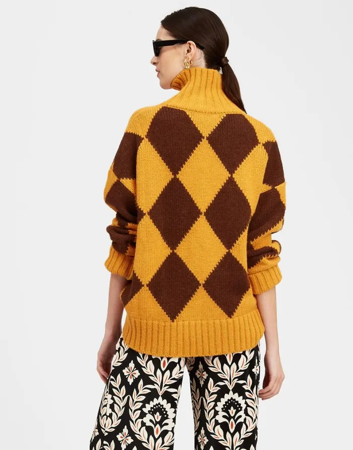 La Double J Argyle Sweater Yellow Brown Women Knitwear La Double J Argyle Sweater Yellow Brown Women Knitwear