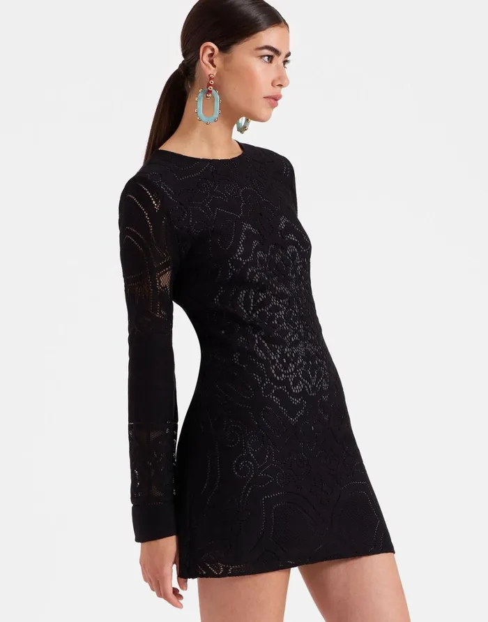 La Double J Lacey Mini Supreme Swing Dress Solid Black Women Dresses